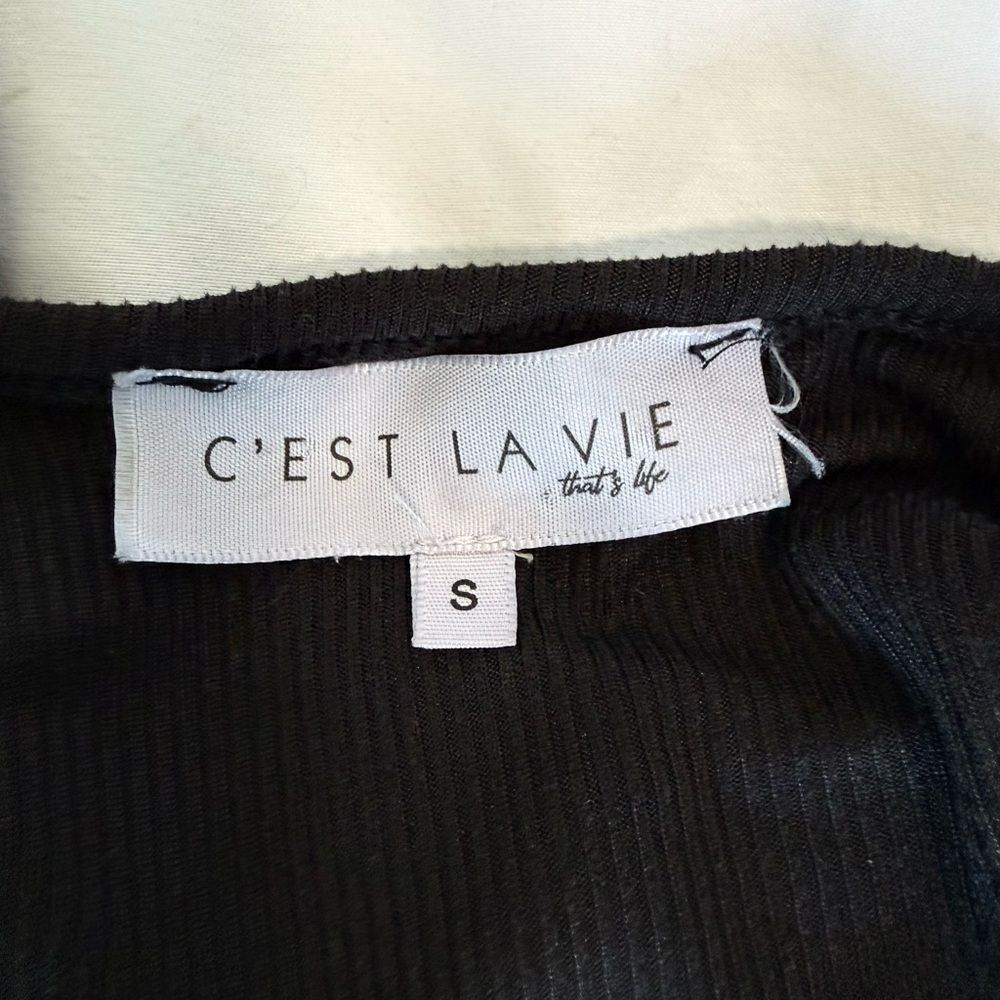 C'est La Vie Ribbed & Swiss Dot V Neck Top Black Size Small - Picture 5 of 8
